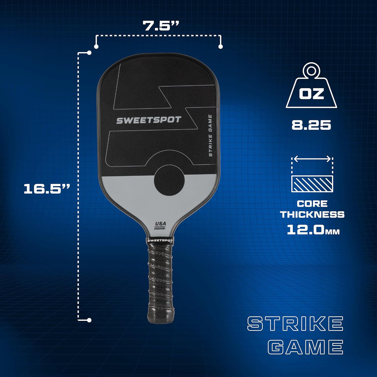 Strike Game Pickleball Paddle Racket (Carbon Fiber Face) - Grey