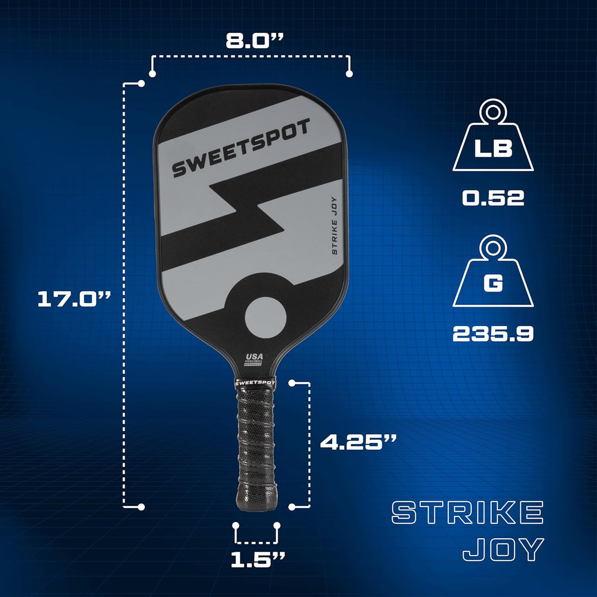 Strike Joy Pickleball Paddle Racket (Fiberglass Face) - Grey