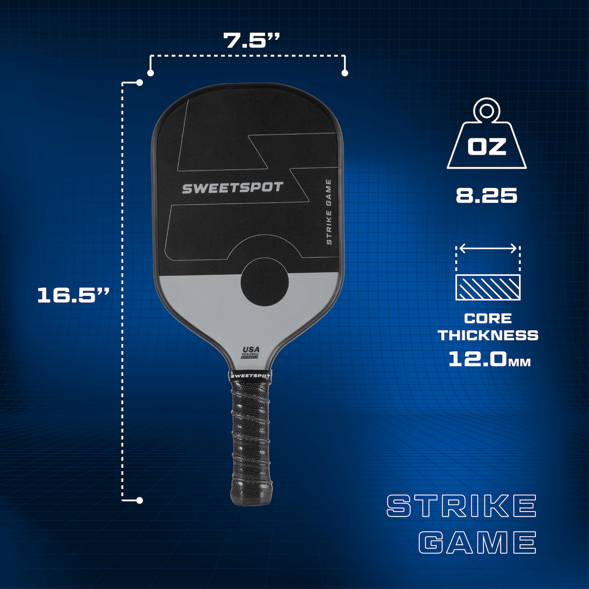 Strike Game Pickleball Paddle Racket (Carbon Fiber Face) - Grey